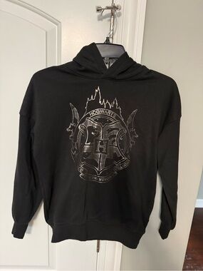 H&M Harry Potter Black Hoodie with Metallic Crest Graphic